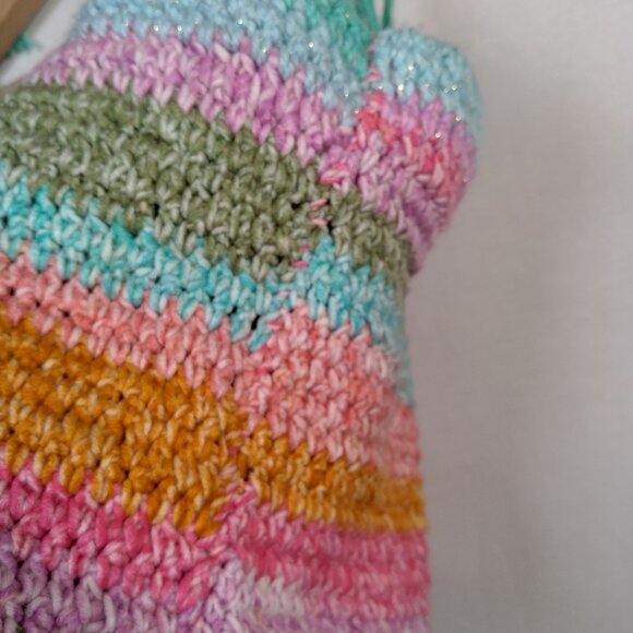Homemade Crochet Tube Top L/XL Rainbow Pastel Gold Metallic Glitter Tie Cropped - Picture 10 of 12